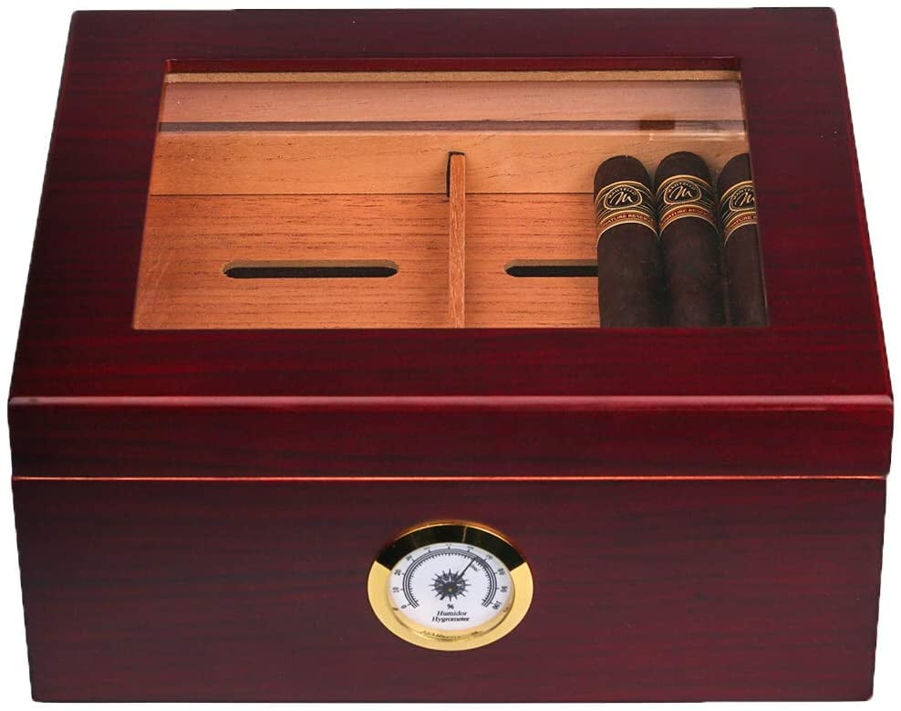 Mantello Cigars Glass Top Cigar Humidor - Desktop Humidor With Cigar Box  Humidifier, Removable Spanish Cedar Tray, Divider, And Hygrometer - Holds  25 To 50 Cigars - Walmart.com