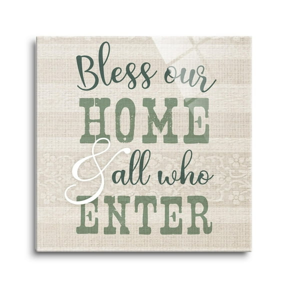 Bless Home & All Enter Ecru Linen Stripe 12 x 12 Glass Wall Hanging Sign