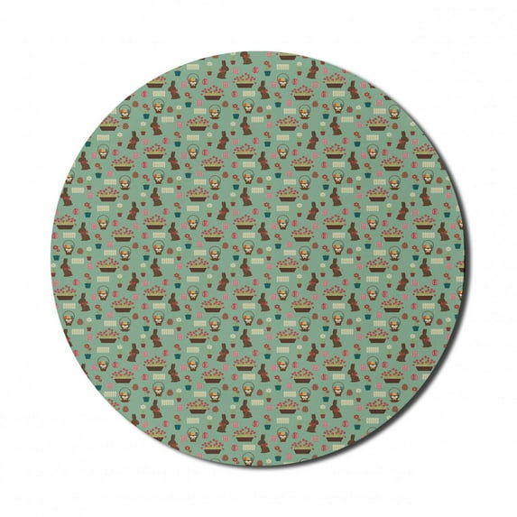 Easter Mouse Pad for Computers, Repeating Conceptual Chocolate Bunny Flowers Eggs and Tulip Flowers, Round Non-Slip Thick Rubber Modern Mousepad, 8" Round, Laurel Green Multicolor, by Ambesonne