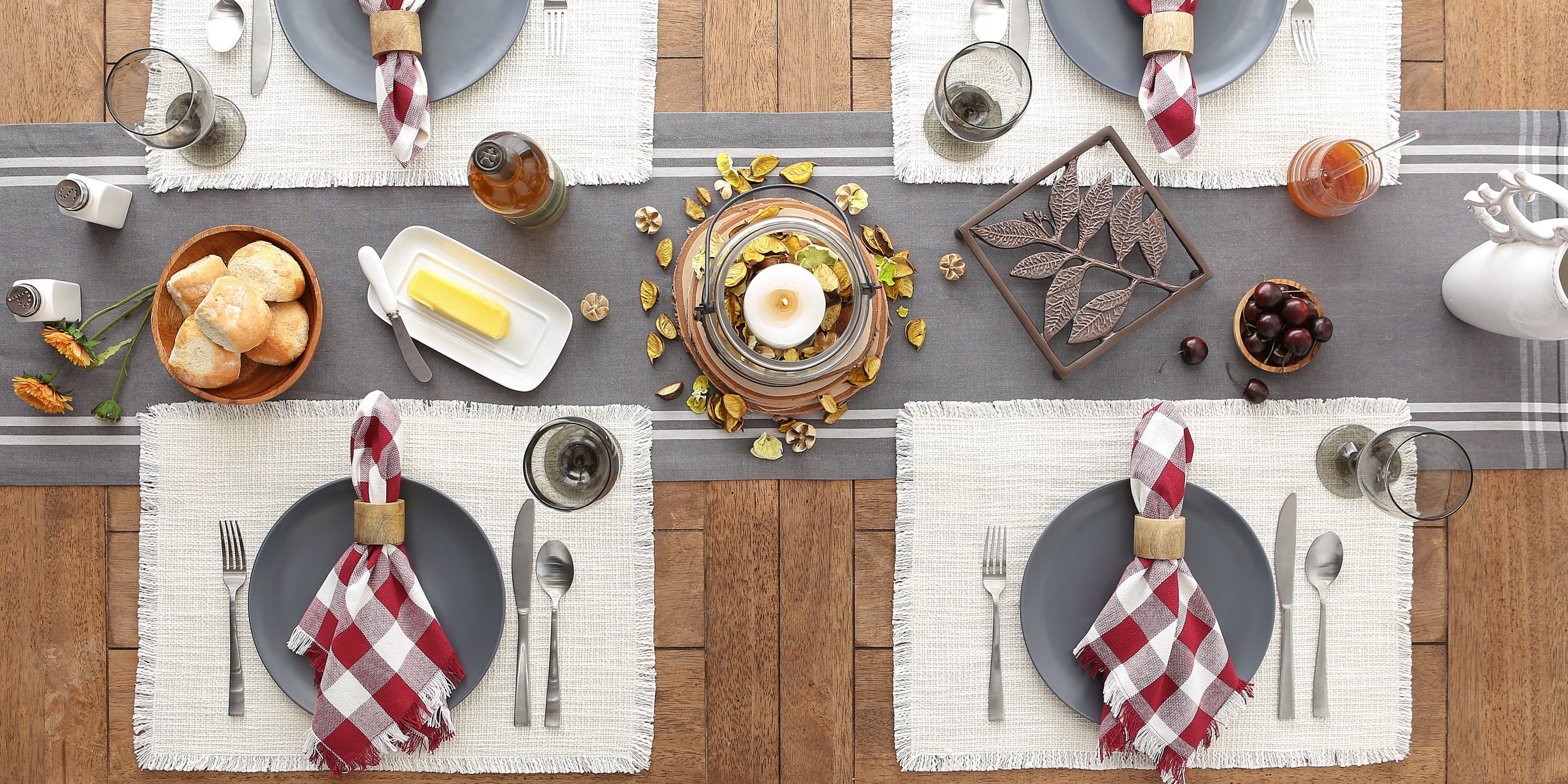 DII Cream Sugar Basket Fringe Stripe Placemat Set/6