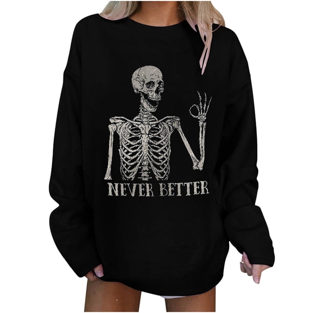 Blusa de manga larga con cuello redondo y estampado de calavera a la moda para mujer Pompotops gfhjh16953