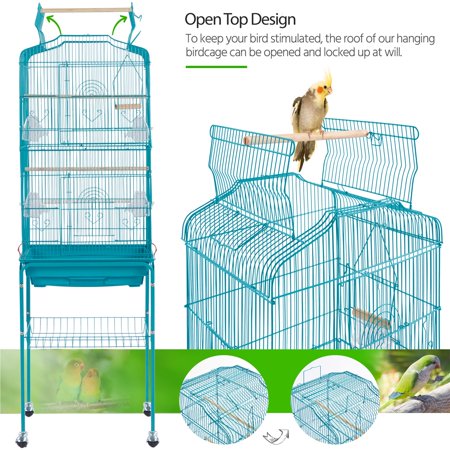 Topeakmart 64''H Open Top Metal Birdcage Rolling Parrot Cage with Detachable Stand, Teal Blue