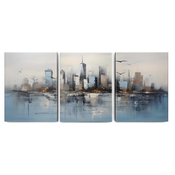 Abstract Cityscape Blue Modern City Building Reflection Oil Paintings Wall Art Canvas for Living Room Family Love Art Poster Home Decor Picture Wall Decor for Dining Room Framed 12"x16" 3PCS