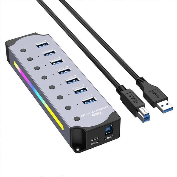USB 3.0 Hub,7-Port RGB Hub with LED Strip,Aluminum Case Hub EU Plug