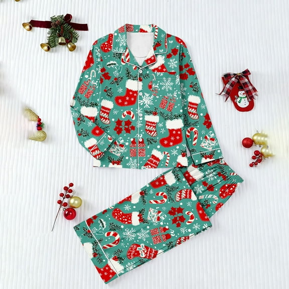HOMBOM Womens Christmas Pajamas Loungewear Green Holiday One Sets Button down Long Sleeve Sets Xmas Pjs for Women