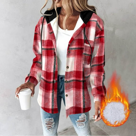 Kilaqueen Womens Plaid Hooded Jacket Button Down Flannel Fleece Lined Long Sleeve Shacket Outerwear Winter Warm Sherpa Jacket with Pockets