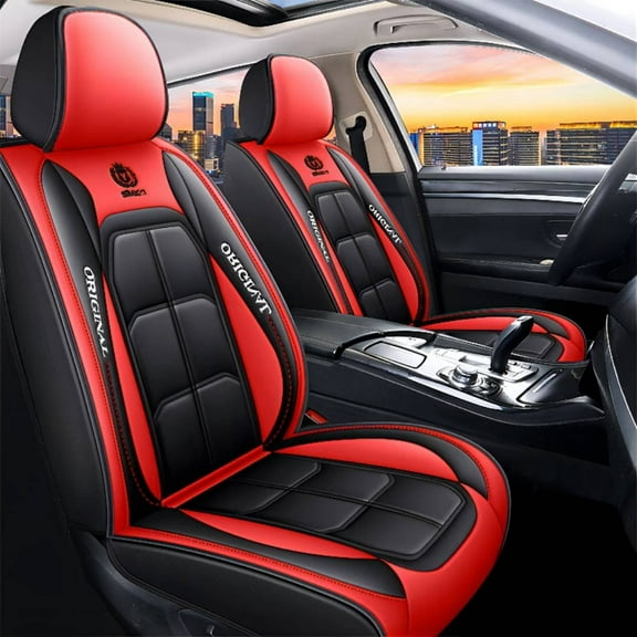 2 pack Car Seat Covers Set, Waterproof Faux Leather Seat Covers for Cars Universal Fit for SUV, Truck, Black Premium Car Seat Protector(Black-red)