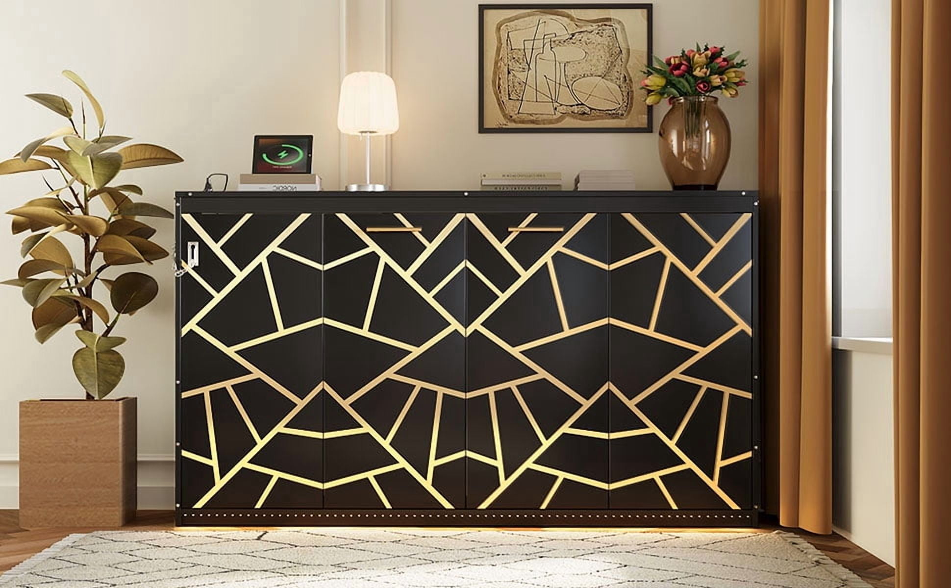 Mintazer Twin Size Murphy Bed with LED Lights & USB Port, Modern Folding Cabinets Bed with Gold Geometric Pattern for Home Office, Black