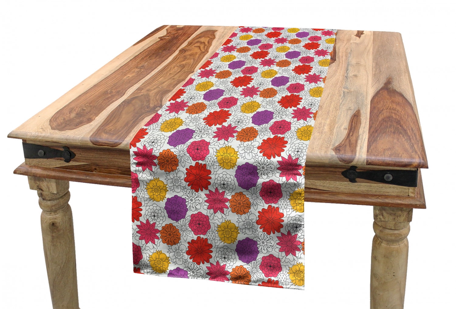 Floral Table Runner, Colorful Doodled Spring and Summer Abstract Style