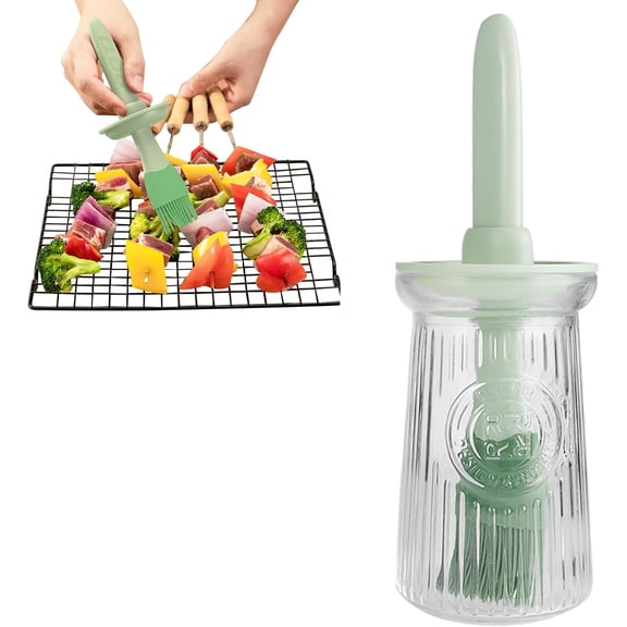 TEXIJUSO Oil Dispenser with Silicone Basting Brush, 200ml Glass Olive Oil Dispenser Bottle for Kitchen, 3 IN 1 Heat Resistance Brush Cap for the Cooking Vinegar Sauce BBQ Baking Frying (Green)