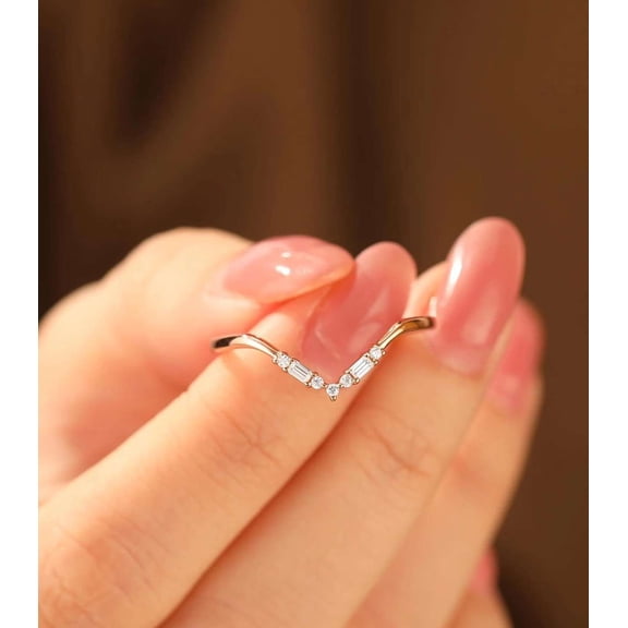 vylahjewellery Dainty Round Moissanite V Shape Engagement Ring Baguette Diamond Mother's Day Ring 10K Vermeil Rose Gold Chevron Wedding Band for Her