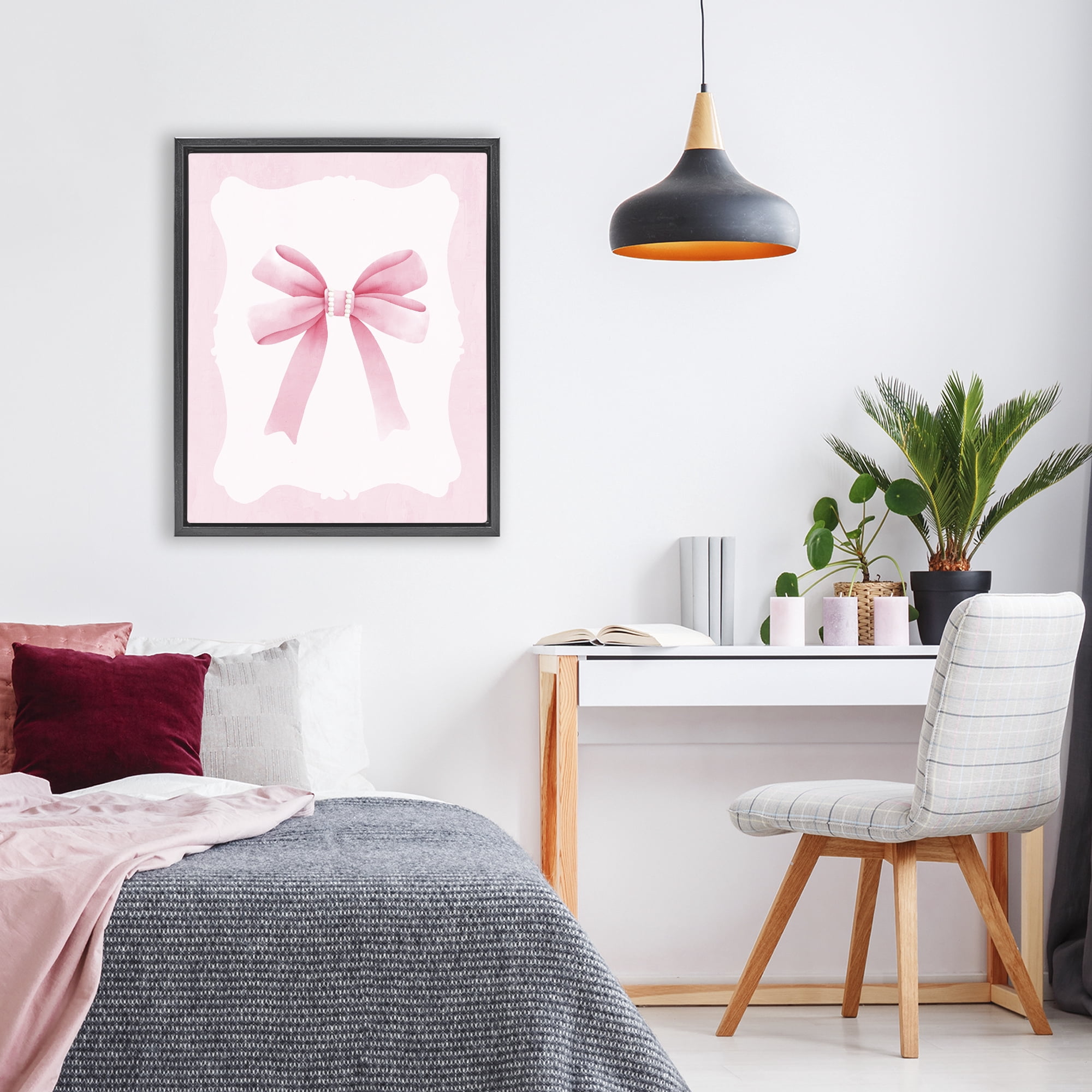 Stupell Industries Feminine Bow with Pearls Black Framed Floater Canvas Wall Art, design by Kim Allen