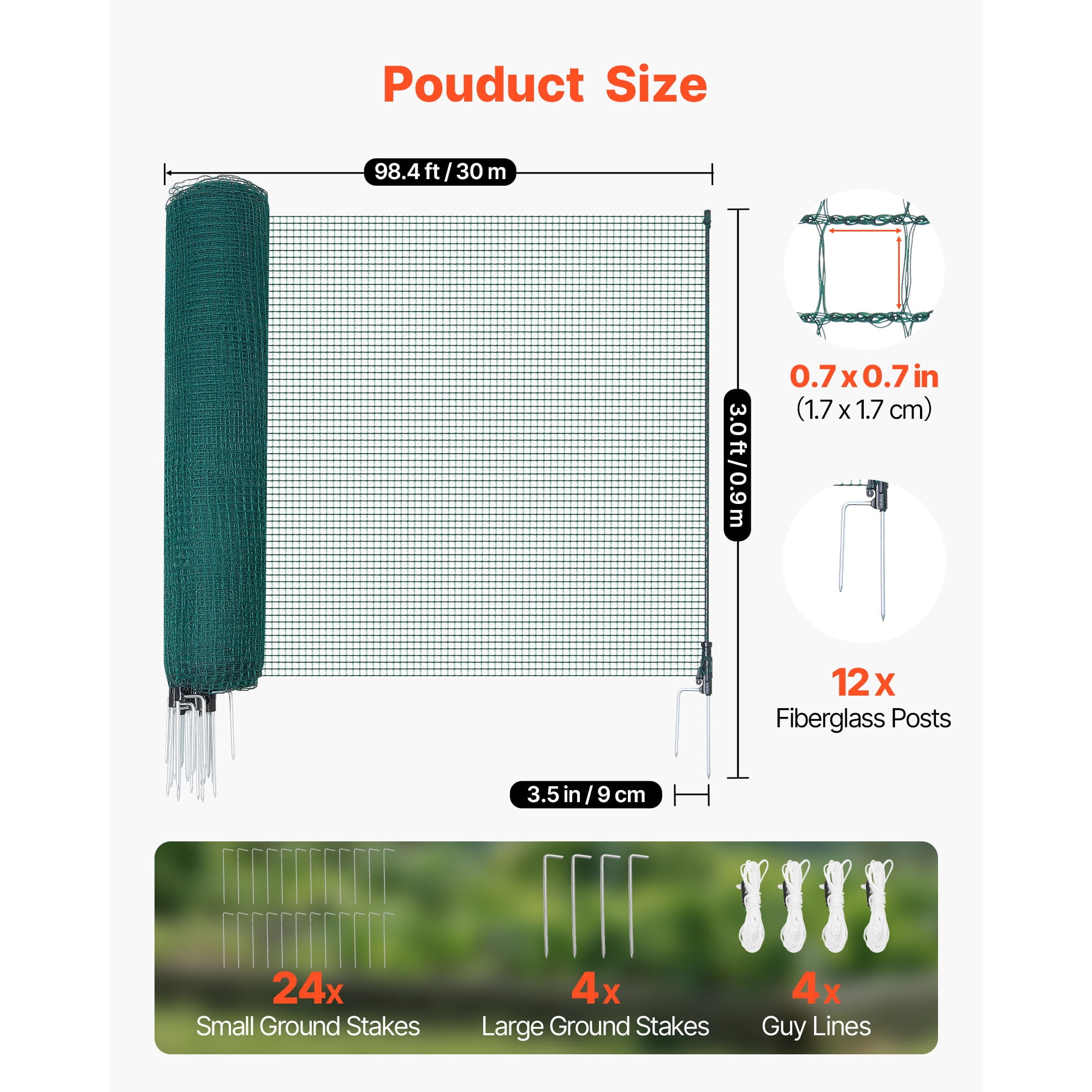 KFFKFF Temporary Fence with Posts, 3 x 98.4 FT Plastic Mesh Fencing, Garden Safety Netting with Double-Spike Stakes & Guy Ropes, Ideal for Dogs, Chickens, Plants, and Outdoor Spaces