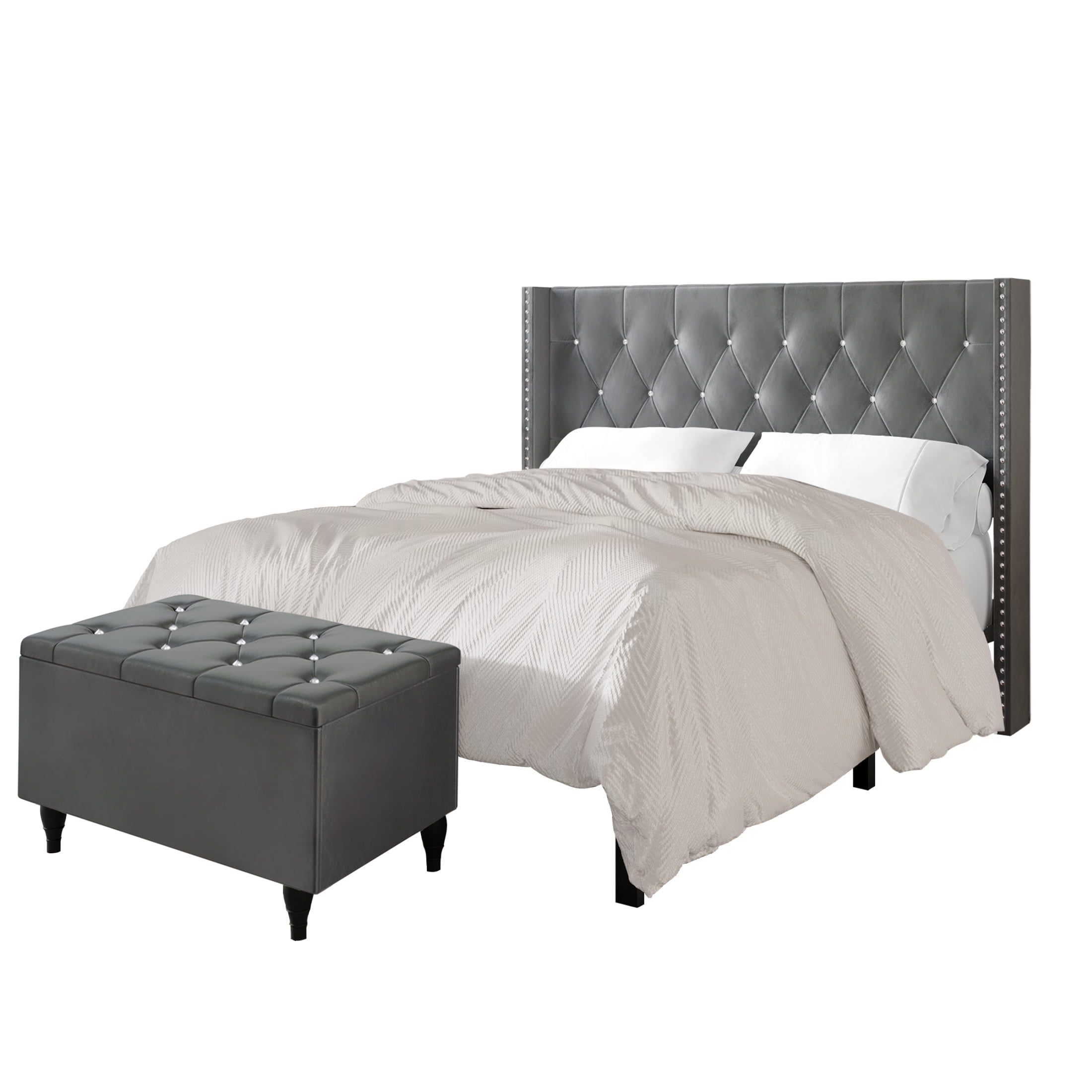 Castle Place Button Tufted Wingback Velvet Upholstered Bed with Storage Bench, Light Grey, King