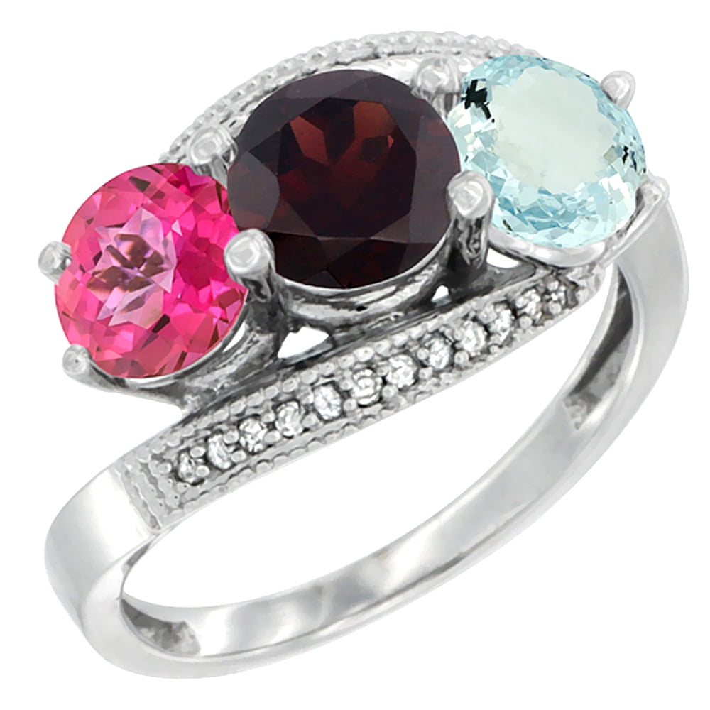 14K White Gold Natural Pink Topaz, Garnet & Aquamarine 3 stone Ring Round 6mm Diamond Accent, size 5 by Gabriella Gold