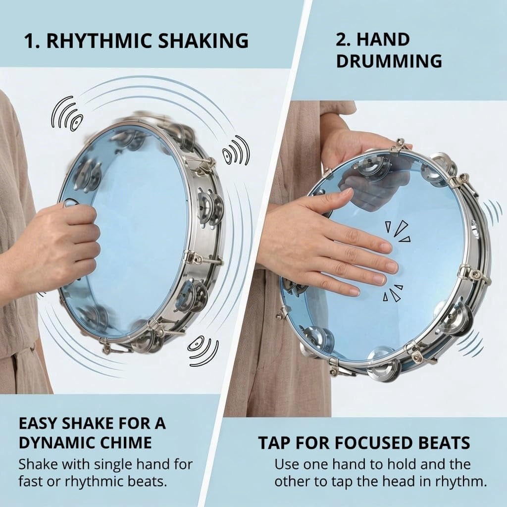 10 Inch Double Row Tunable Tambourine Hand Held Percussion Instrument With Tuning Key For Church Choir Band Adults Blue