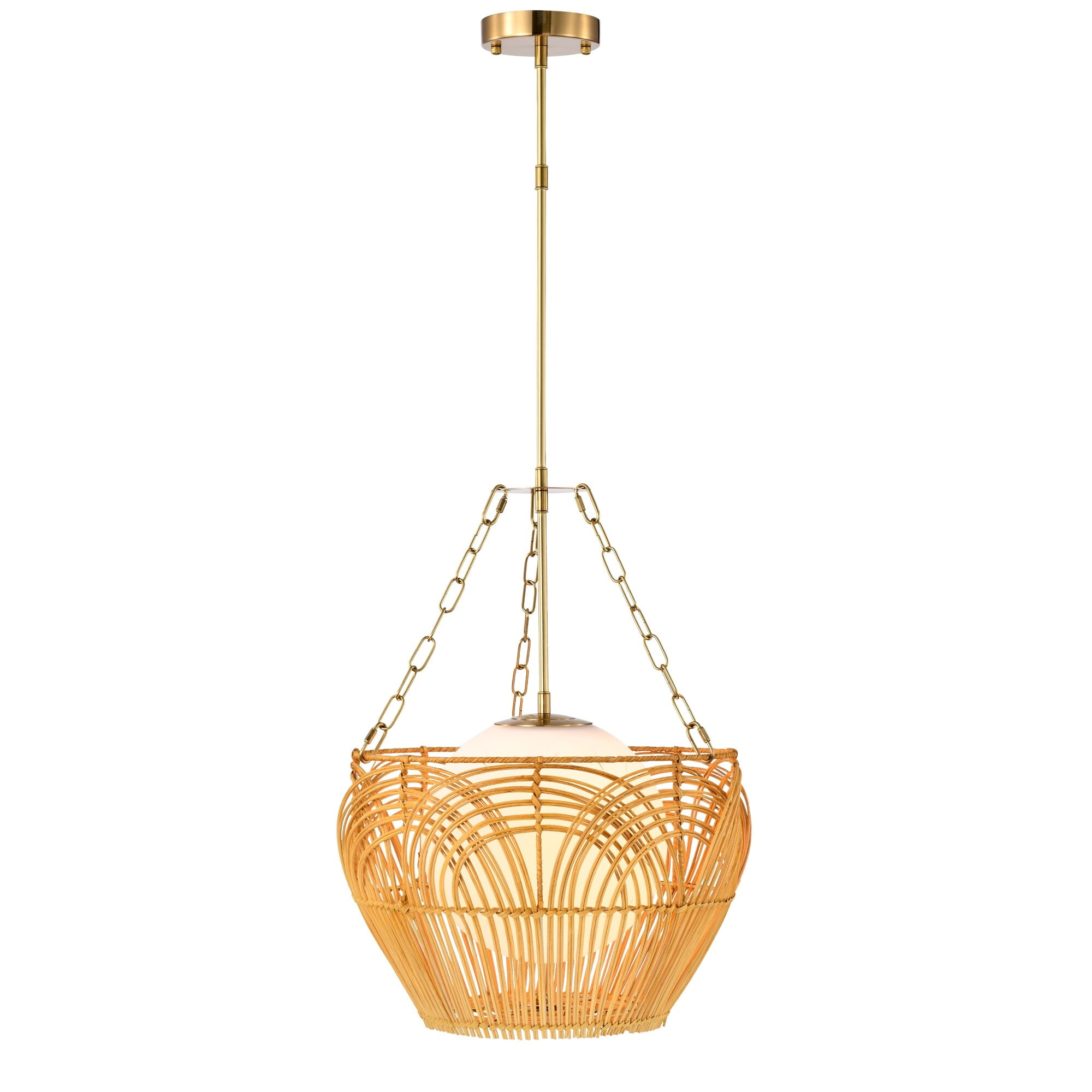 Caddie 15 in. 1-Light Indoor Brass and Woven Rattan Finish Pendant with Light Kit