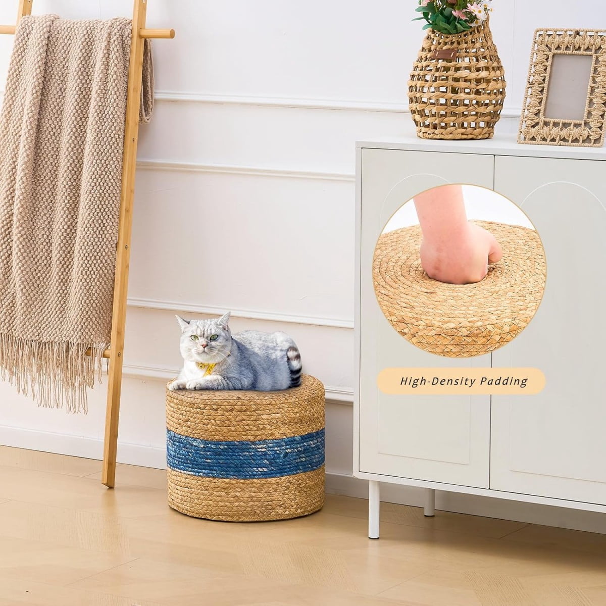 IVV Handmade Woven Water Hyacinth Foot Stool | 15.7" Round Ottoman Home Decorative End/Side Table for Small Space (Natural & Blue)