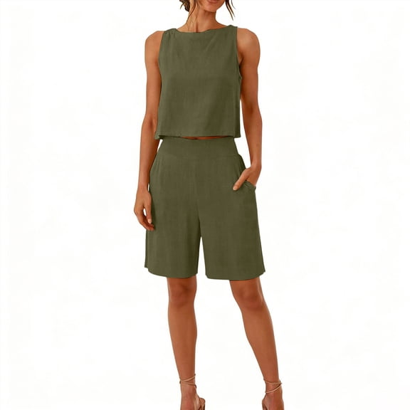 Costeam Womens 2 Piece Sleeveless Top and Loose Pocket Pants Set Solid Color Soft Stretch Fabric High Waist Casual Wide Leg Pant Outfit Suit