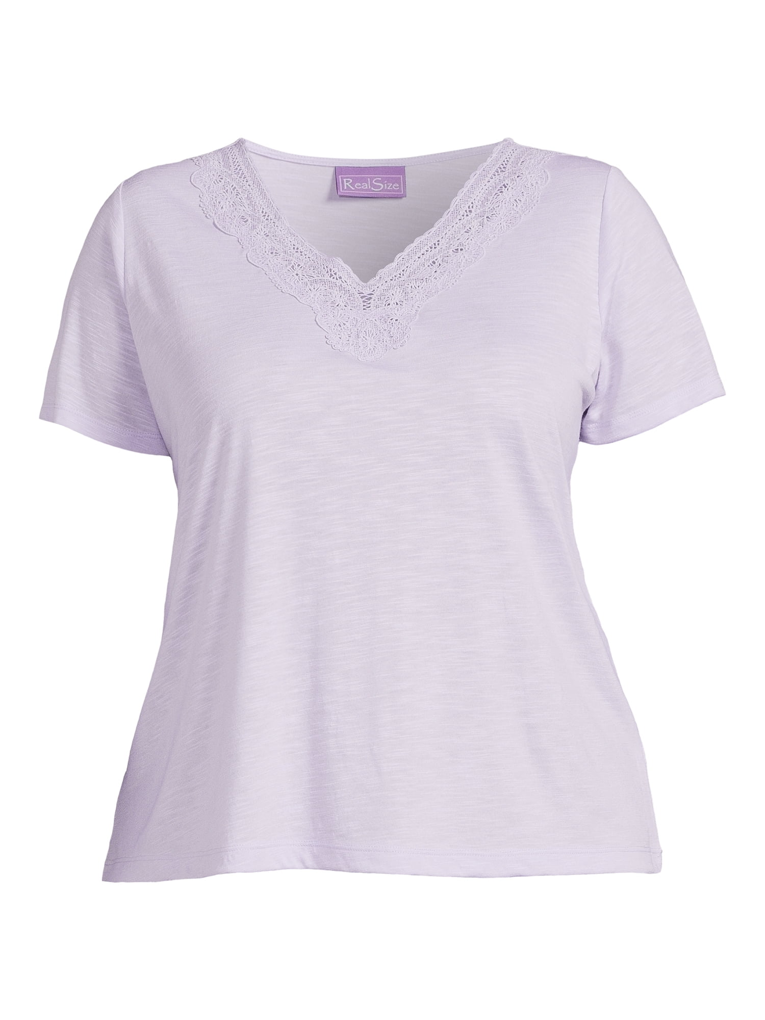 RealSize Women's Plus Lace V-Neck Tee with Short Sleeves