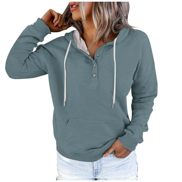 WEAIXIMIUNG Chandails en Molleton Graphiques pour Femmes Grande Taille Automne et Hiver Style de Rue à la Mode Couleur Unie Col à Boutons Poche Cordon de Serrage Chandail à Capuchon de Sport Décontracté