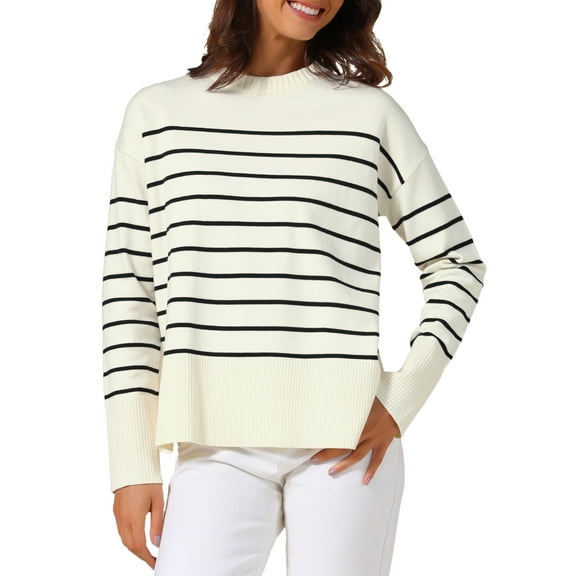 INSPIRE CHIC Womwn's Ribbed Knit Pullover Tops Long Sleeve Fall Winter Crewneck Striped Sweater M White