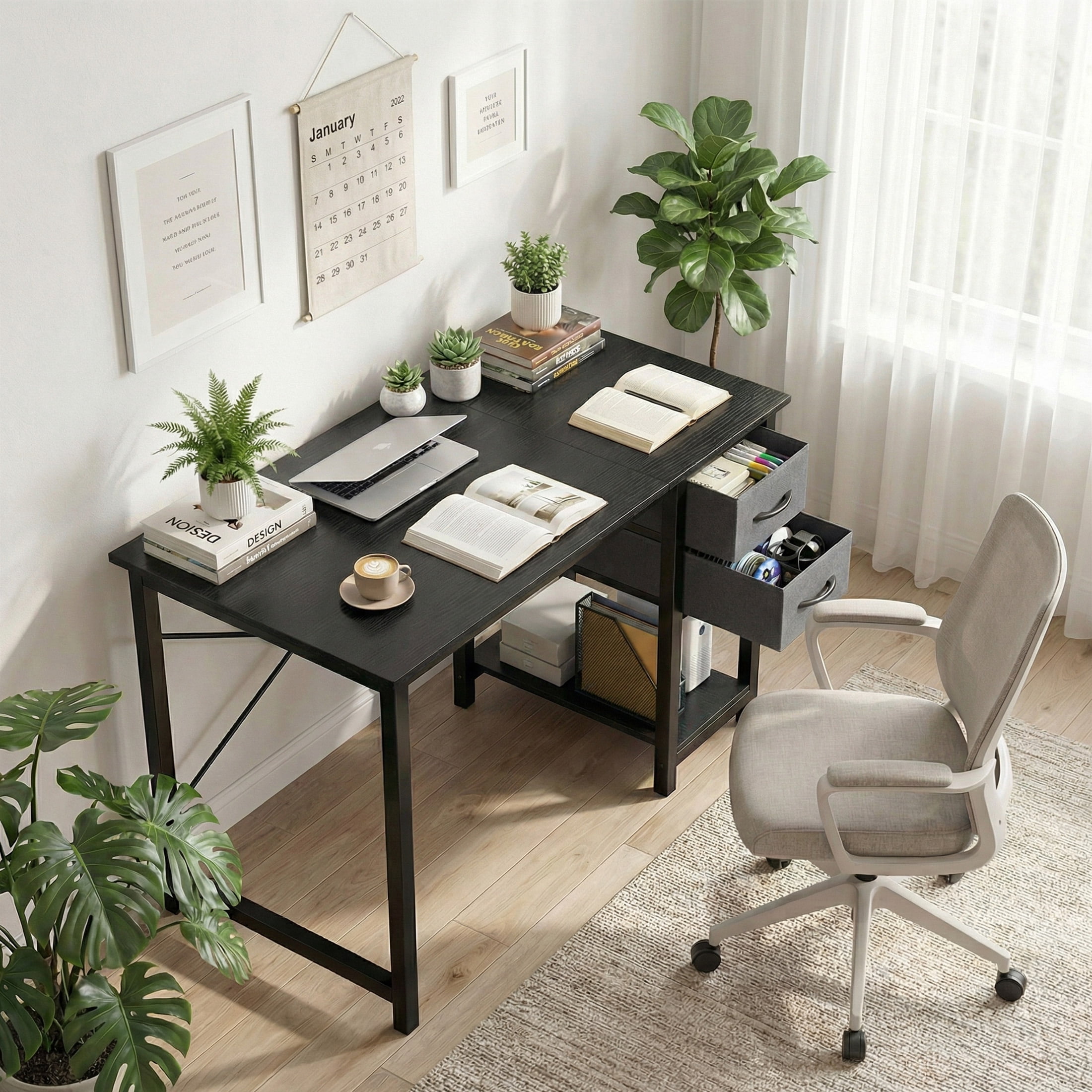 CONCETTA 40in Small Computer Desk with 2 Drawers, Writing Work Study Computer Desk, Side Headphone Hook, Modern Style for Home Bedroom, Black Wood