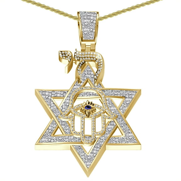 Real Diamond 0.65 Ct Star of David Hamsa Hand Evil Eye Jewish Chai Charm Pendant