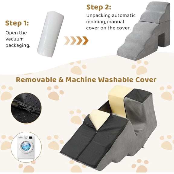 Dog Stairs 5-Step Pet Steps for High Bed, Non-Slip Balanced Ramp for Small Dogs Cats, Grey