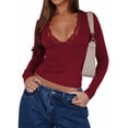thumbnail image 2 of Women'S Long Sleeve Tops Going Out V Neck Crop Lace Mesh Slim Fitted Shirts Wine Red XL, 2 of 9