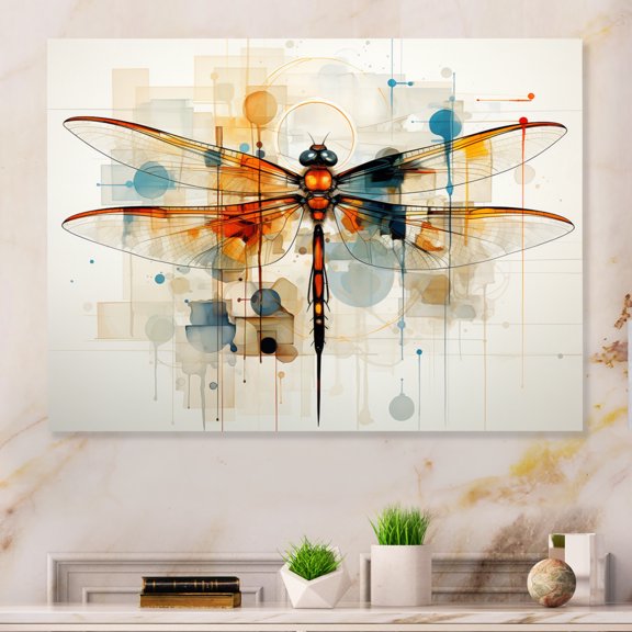 Designart "Teak Dragonfly delicate Flight Geometric" Animals Metal Art Print