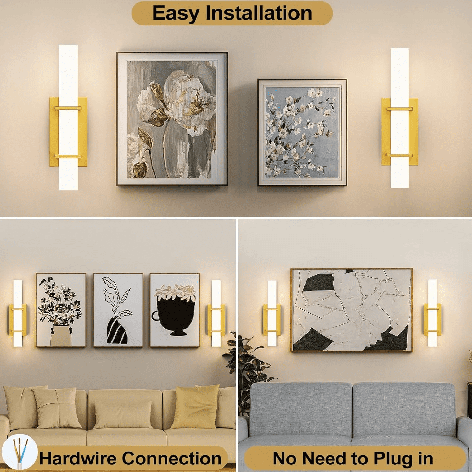 2-Pack Modern LED Wall Sconce Light Fixture, 17.6 in. Dimmable Gold Hardwired Bathroom Vanity Lights (Set of 2), Up/Down Acrylic Wall Lighting for Mirror, Hallway, Living Room Accent Decor