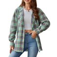 thumbnail image 2 of Women Long Sleeve Plaid Hooded Shirt Drawstring Button Up Shacket Jacket Chest Pockets Casual and Cozy, 2 of 7