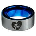 thumbnail image 2 of Tungsten Love You Heart Band Ring 8mm Men Women Comfort Fit Blue Flat Cut Brushed Gray Polished, 2 of 4