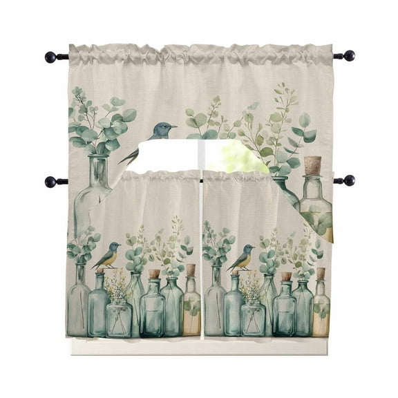 Teal Eucalyptus Leaves Kitchen Curtains Swag Valance and Tier Curtains Set 24 Inch Length, Rustic Vase Birds Rod Pocket Drape Panels Pair Swag Curtain for Bathroom/Cafe/Window
