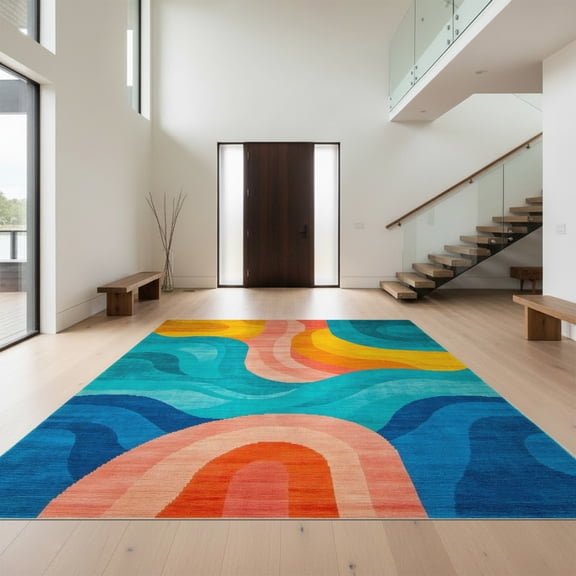 Design&I 8'x10' Washable Area Rug Shaped Funky Wavy Stripe Graphic Designer Contemporary Bathroom for King Size Bedroom, Under Bed, Sleek Flatweave Pet Friendly