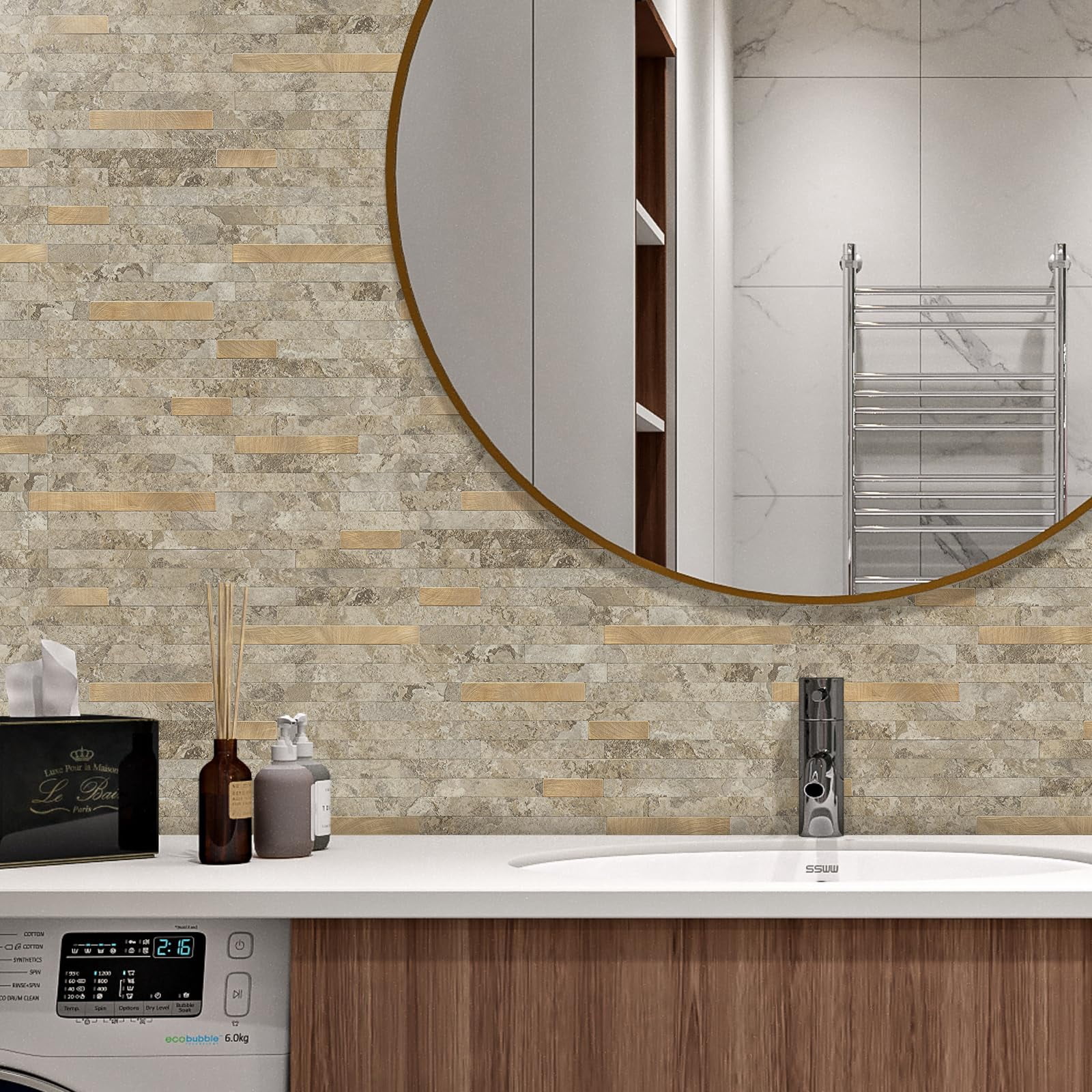 2 Sheets Peel And Stick Backsplash Tile  On For Kitchen Bathroom Stone Beige Marble Look Pvc Mixed Metal Self Adhesive Wall Tiles