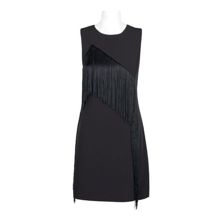 Laundry Crew Neck Sleevleless Asymmetrical Tassel Detail Zipper Back Crepe Dress-WHITE / 0