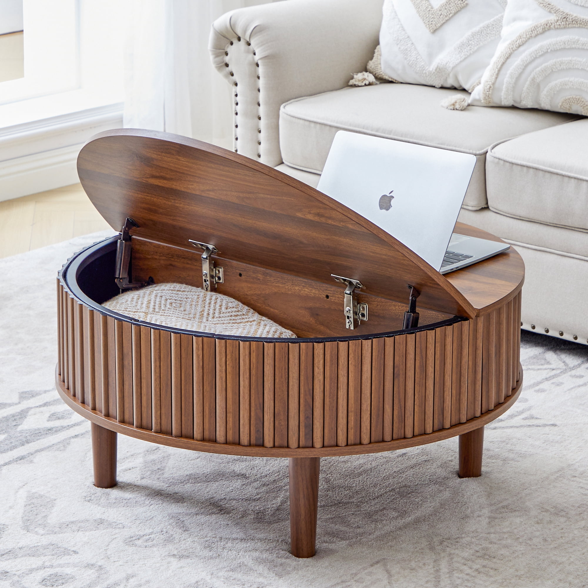 MIYZEAL 31.5" Round Lift Top Coffee Table with Storage, Fluted Mid Century Modern Wooden Center Table with Hidden Compartment, Coffee Table for Living Room, Apartment, Office（Walnut）