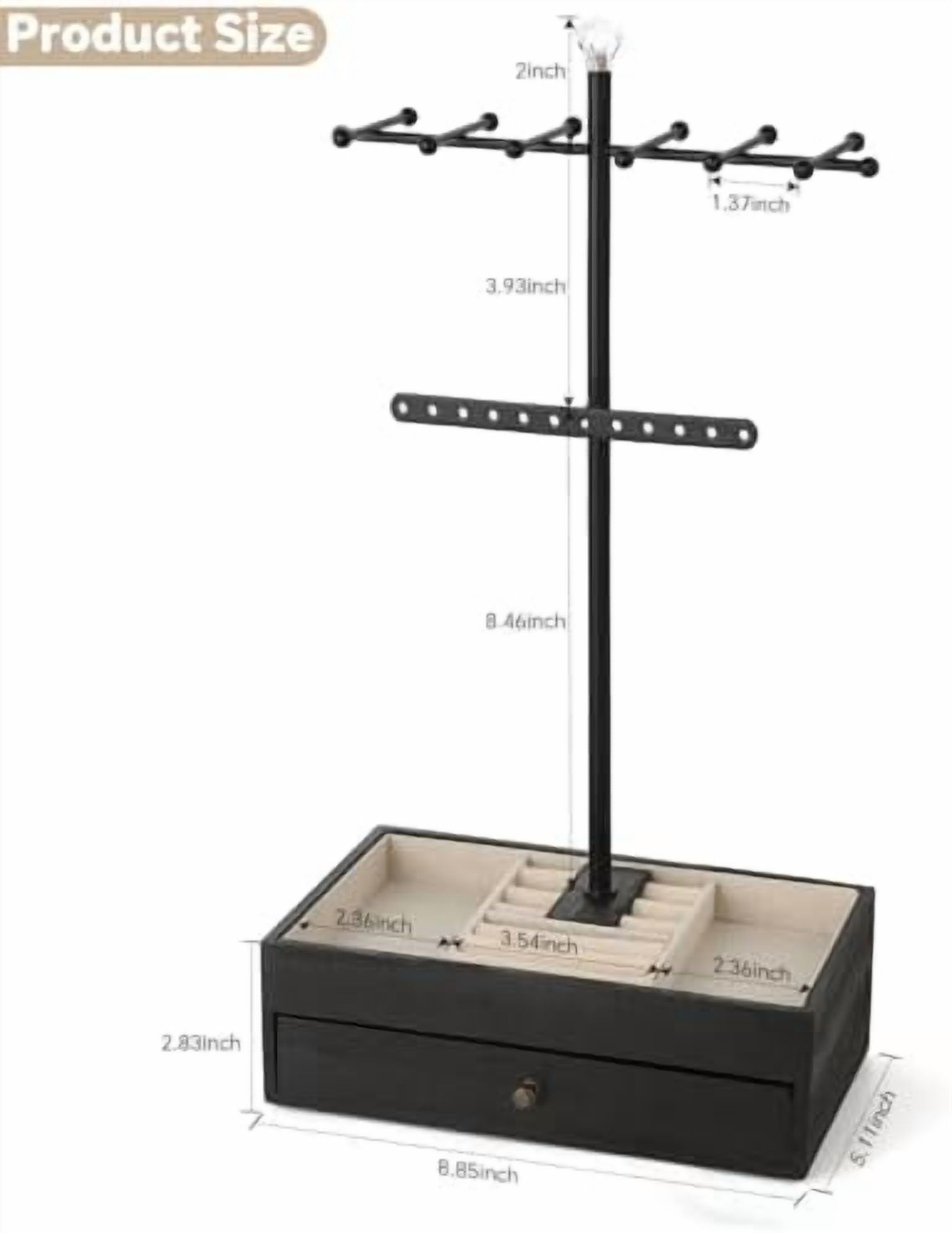 Jewelry Organizer Stand, 3-Tier Necklace Holder Jewelry Tree with Wooden Storage Drawer Box for Necklace Bracelet Earring Ring,Black