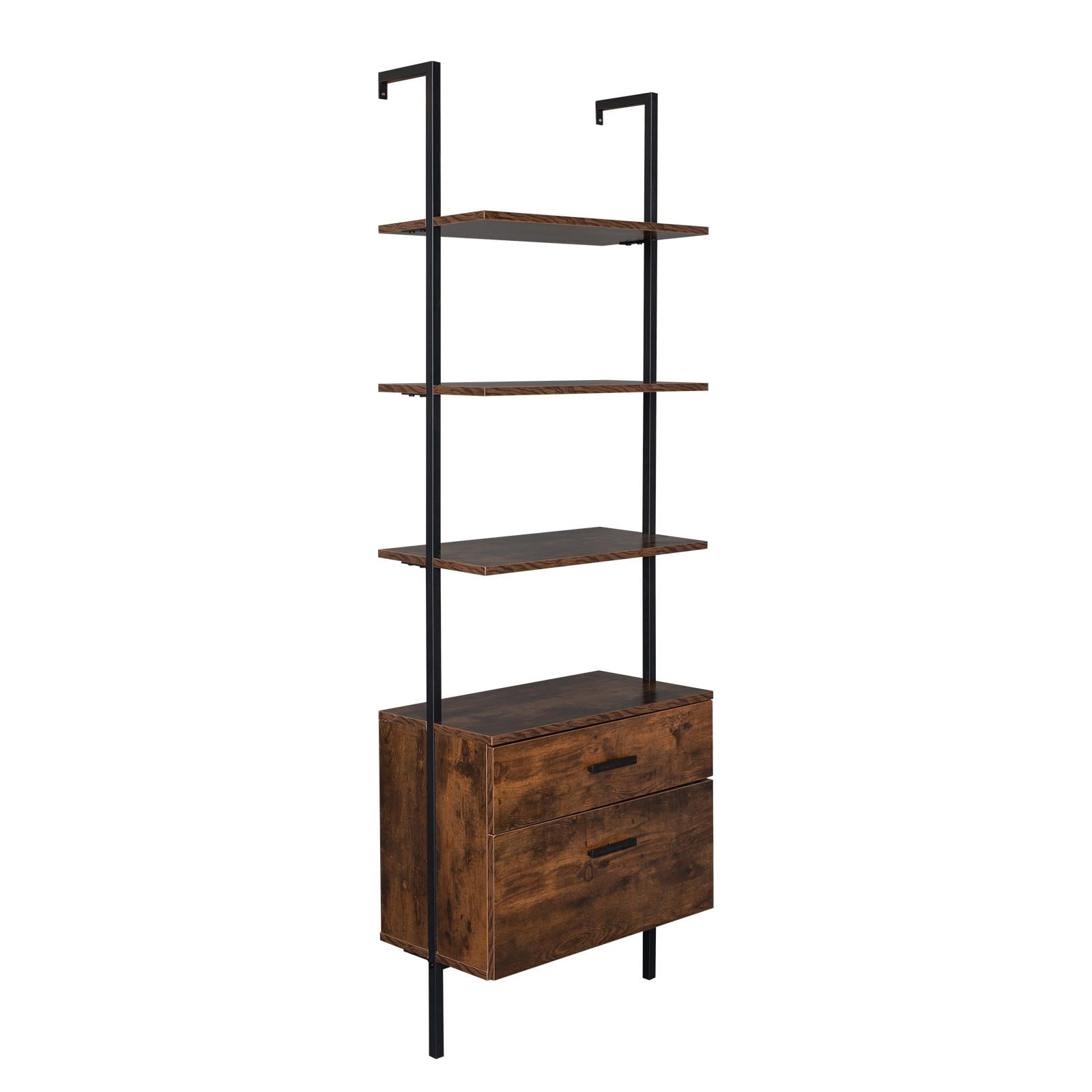 HOOSENG Bookcase with 2 Drawers Wooden Metal Frame Storage Cabinet Rustic Brown 4-Tier Open Bookshelf Organizer Rack Furniture for Living Room/Bedroom/Home Office 60 Free Standing Shelf