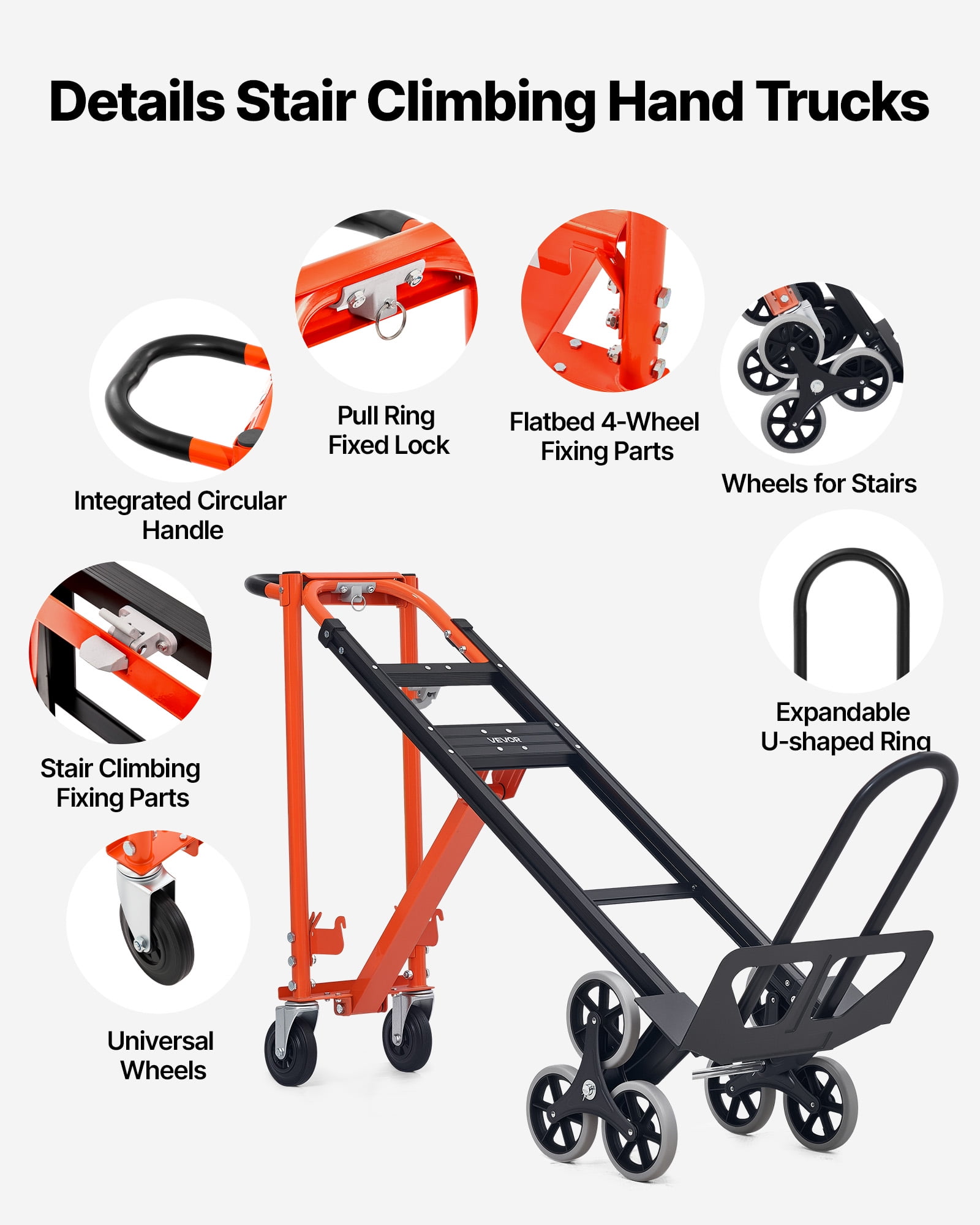 VEVOR 3 in 1 Industrial Convertible Stair Climbing Cart, 770 lbs Max Load, Folding Hand Truck Dolly with Handle & Wheels, Stair Climbing Utility Trolley for Transport & Moving, Orange & Silver