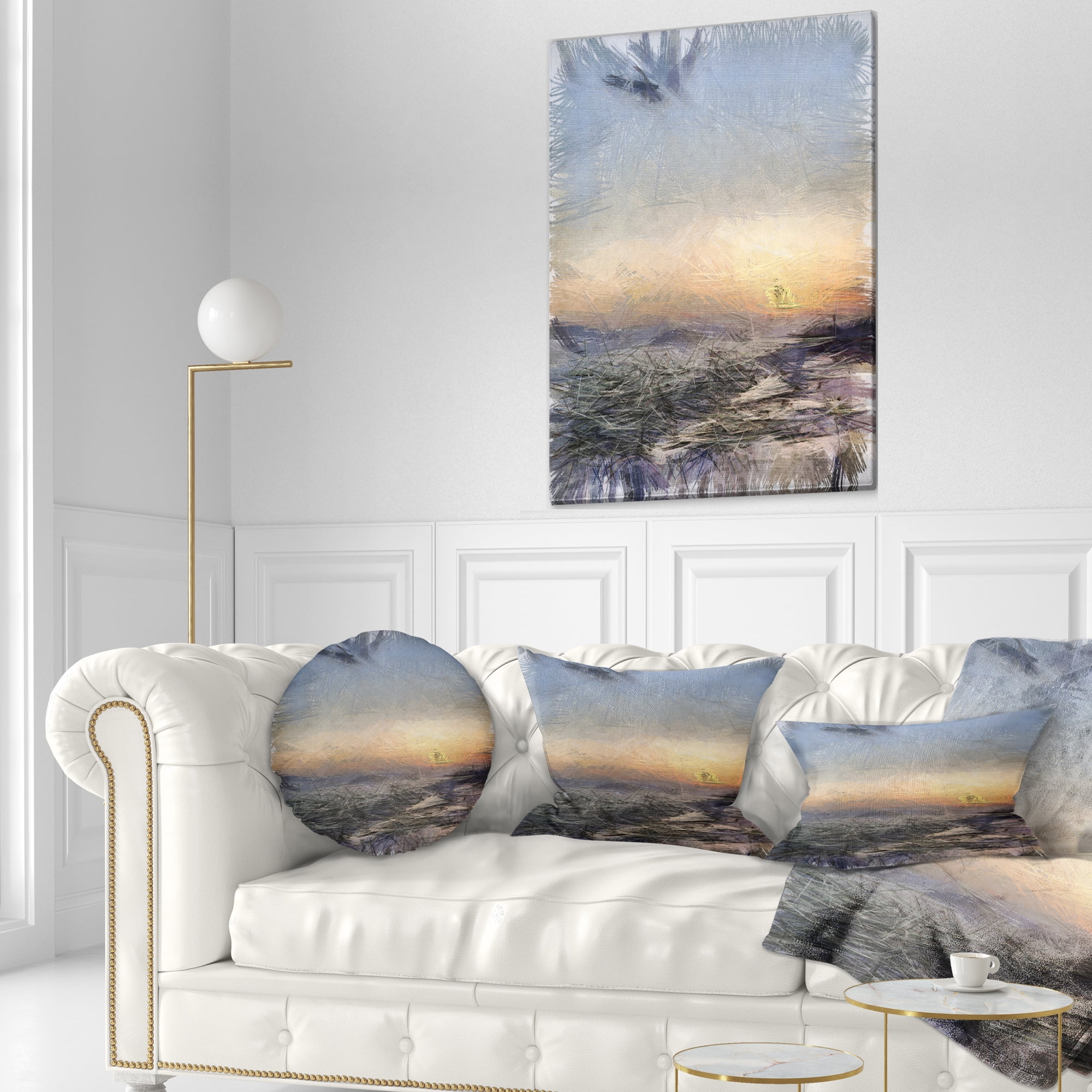 Designart Colorful Dawn over Sea Watercolor - Landscape Printed Throw Pillow - 12x20