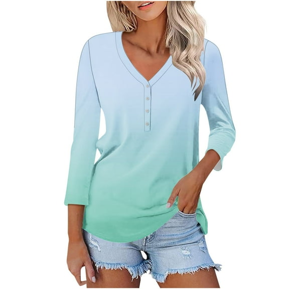 Womens' Fashion 3/4 Sleeve Plus Size Shirts Tops Spring And Summer Gradient Printed Top Collar Button Sexy Shirt 3/4 Sleeve Long Sleeve V Neck Top/Shirt