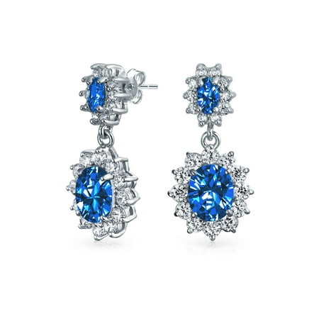 - Crown Halo Royal Blue Cubic Zirconia Double Oval Drop Dangle Earrings CZ Simulated Sapphire Rhodium Plated Brass