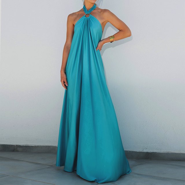 Vestido Largo Elegante Vestido maxi de cóctel para mujer Vestido de fiesta sin espalda de satén con cuello halter (Azul M) Kuymtek para Mujer Azul T XXL