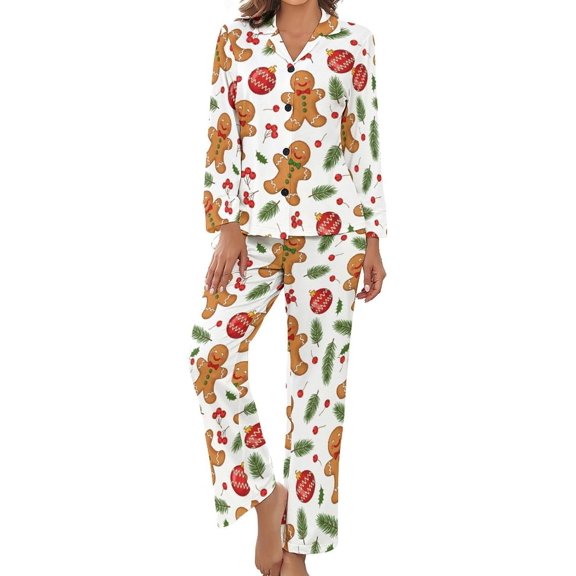 Top-kevin Women Long Sleeve Pajama Set Comfy Pjs Sets Christmas Gingerbread Ball 2 Piece Lounge Set
