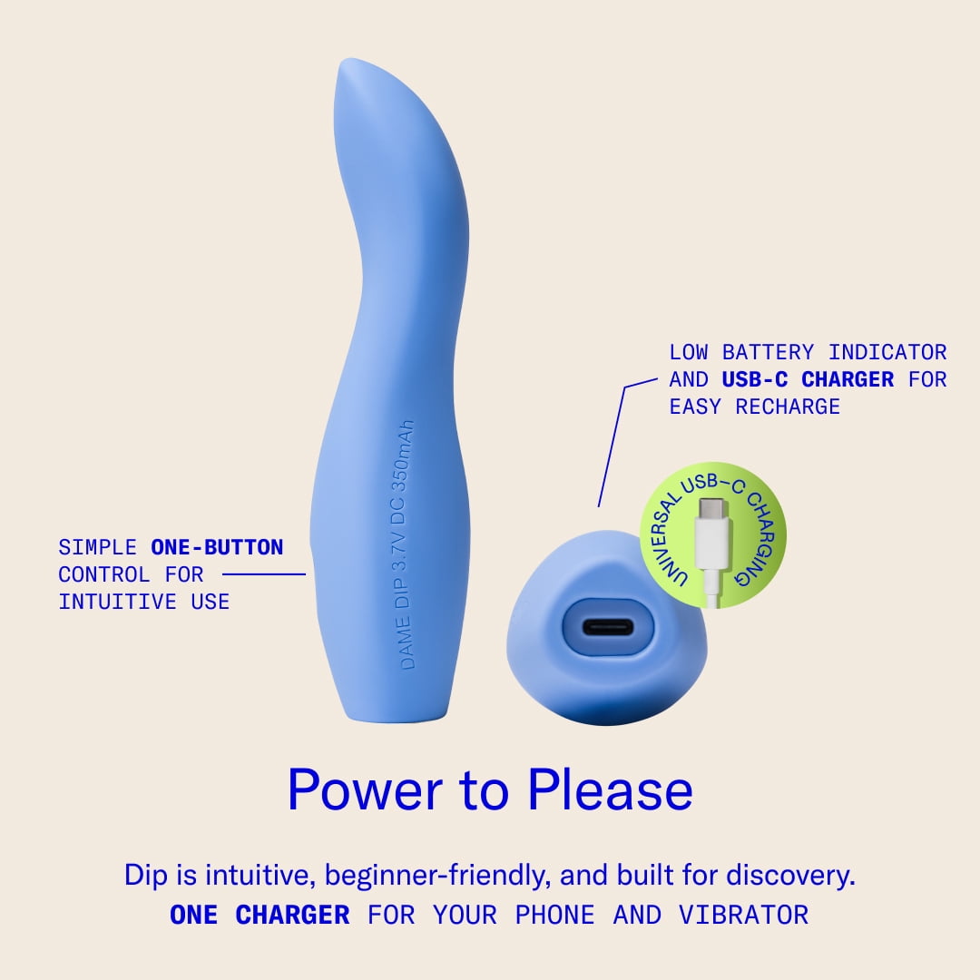 Dame Dip Internal and External Vibrator for Women — USB-C Rechargeable, 5 Speeds, Waterproof, Angled Ridged Design, Personal Massager, Soft Silicone, Ergonomic - Periwinkle