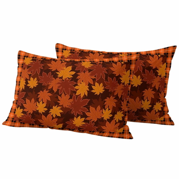 Lumbar Pillow Covers 12 x 20 Inches, Orange Maple Leaves Fall Waterproof Throw Pillow Cover Set of 2, Thanksgiving Orange Buffalo Plaid Decorative Rectangle Cushion Covers for Patio/Tent/Couch/Garden