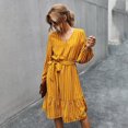 thumbnail image 2 of Women Autumn Puff Long Sleeve V-Neck Loose Midi Dress Elegant Striped Printed Belted High Waist Pleated Flowy Solid Color Streetwear, 2 of 21